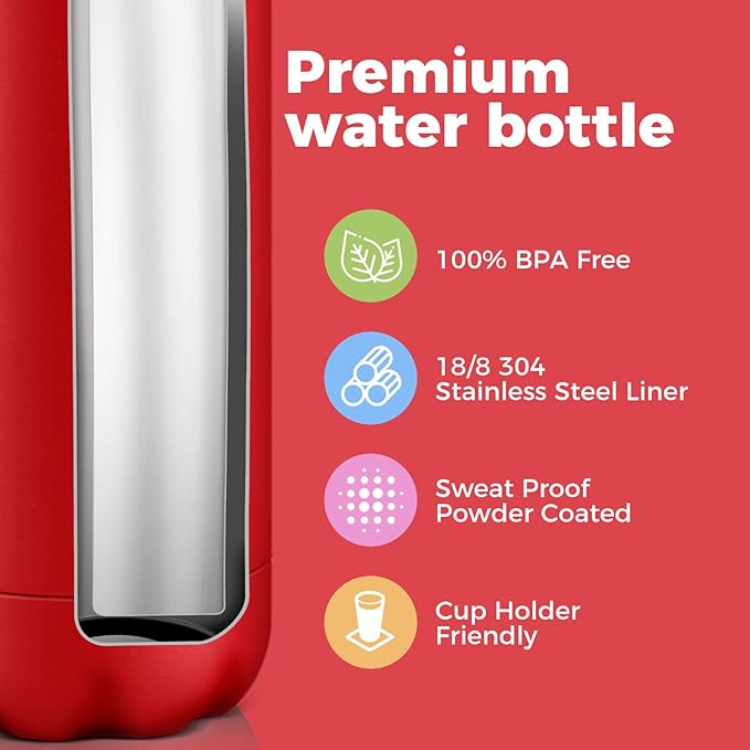 Volhoply 25oz Insulated Water Bottles 1/2/4 Pack, Double Wall Stainless Steel Vacuum Flask Keeps Cold & Hot, BPA Free Leakproof Bottle (Red,2 Pack)