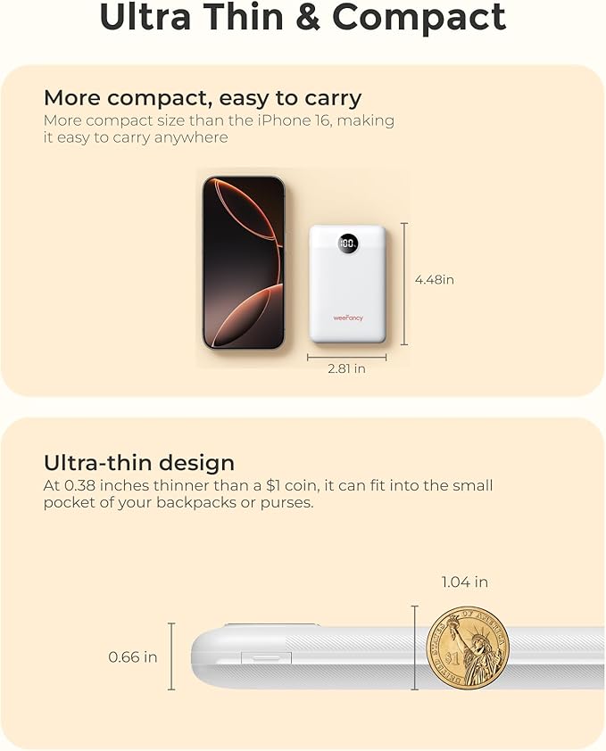 Small Portable Charger Power Bank 10,000 mAh, Upgraded Compact Battery Pack for Phone Charging, PD3.1 & QC Fast Charging Mini Travel Power Bank for iPhone/Samsung/Google/Tablet/AirPod (White)