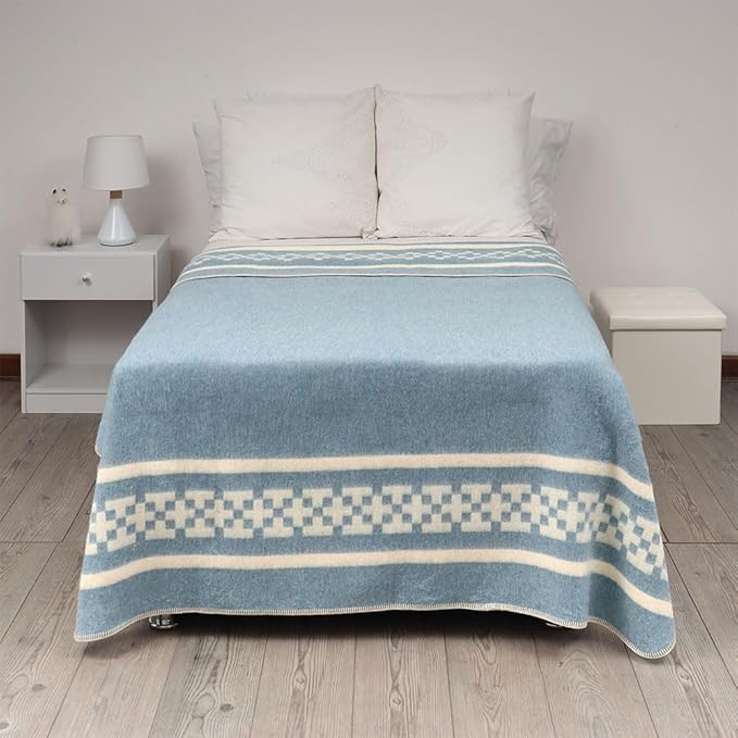 Thick Alpaca Wool Blanket Heavyweight Camping Outdoors Indoors Soft Peru Twin Size Ethnic Design (Soft Blue/Ivory 2, Twin Size)