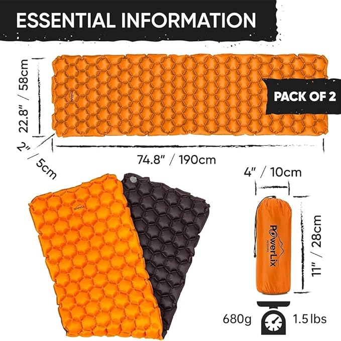 POWERLIX 2 Pack Sleeping Pad for Camping, Ultralight Inflatable Sleeping Mat, Compact Lightweight Self Inflating Camping Air Mattress for Backpacking, Hiking, Traveling Tent, Pump Bag Included