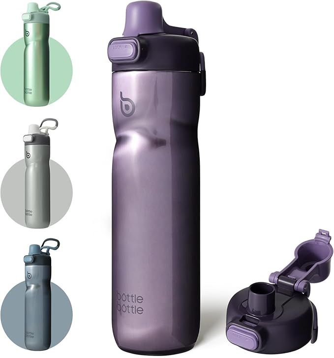BOTTLE BOTTLE Insulated Water Bottle 24 oz with Handle and Flip Tops Lids Stainless Steel Water Bottle Push Button Lid Leak proof Portable for Running Travel Sports Hiking purple