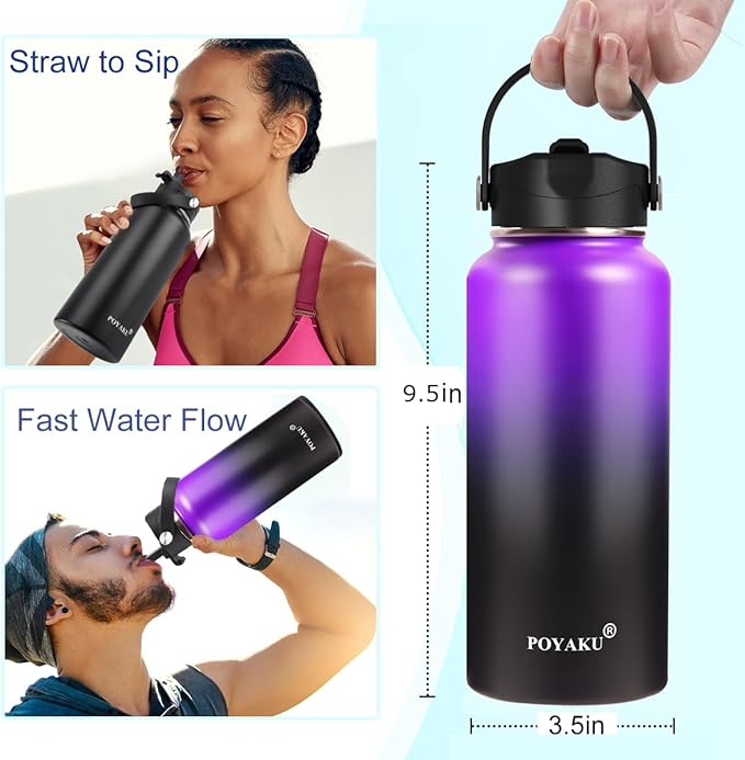 Water Bottle Insulated 32oz 40oz 64oz 128oz Straw Lid Spout Lid & 3 Lids, Leak Proof, Vacuum Insulated,Stainless Steel Water Bottle Wide Mouth for Sports, Gym or Office