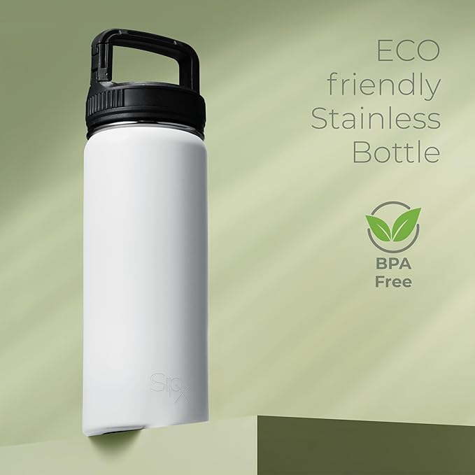 SipX™ Triple-Insulated Stainless Steel Water Bottle 18oz. With 3 Lids, BPA-Free Reusable Insulated Water Bottle Keeps Cold 24 Hours, (White)