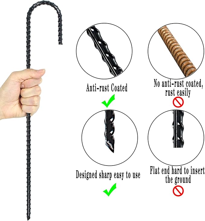 16 Inch Ground Rebar Stakes, J Hook Extra Heavy Duty Rust Proof Coated Steel Ground Anchors with Chisel Point End for Camping Tent and Canopy Tent (24)