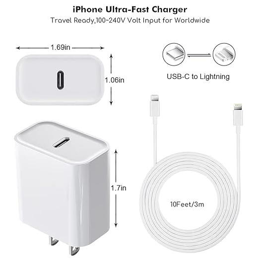 Fast iPhone Charger, Quick 10Foot USBC Wall Charger Phone Charge 2Pack PD USB C Fast Charge Block + Long 10FT Lightning Fast Charging Cable for iPhone 14/Pro/Pro Max/Plus/13/12/11/XS/XR/X/SE2022/iPad