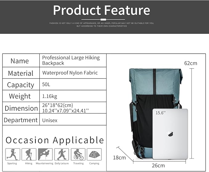 Hiking Backpack,40L to 50L Extra Large Capacity Hiking Bag,Internal Frame Camping Backpack,Upgraded X-PAC Lightweight Sport Daypack Travel Backpack Fit For Mountain Climbing Camping(Grey Green)