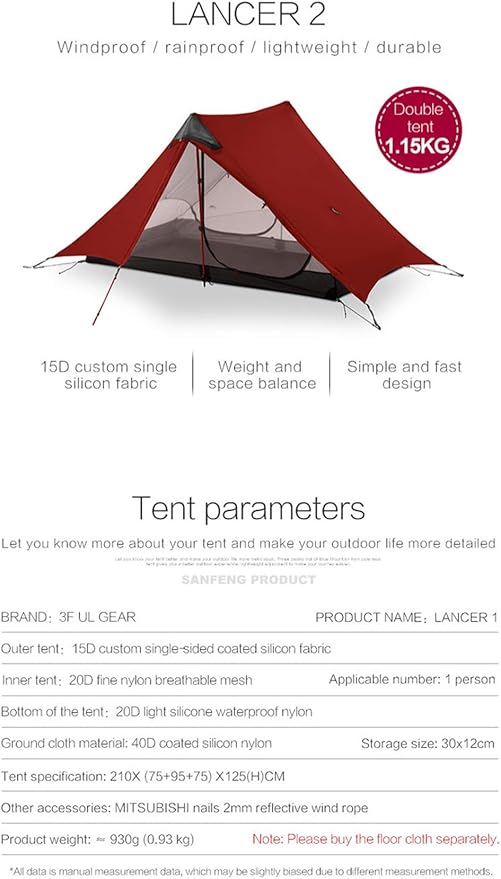 Lanshan 2 Person Tent Hiking Ultralight Camping Tent Professional 15D Silnylon Rodless Trekking Pole Tent Waterproof Backpacking Outdoor for Camping, Bivvy
