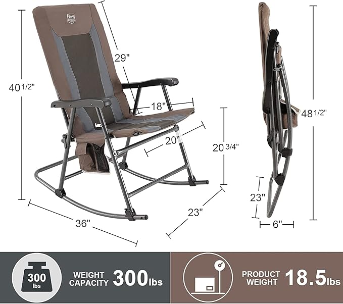 TIMBER RIDGE Foldable Padded Rocking Chair Set of 2 for Outdoor, High Back and Heavy Duty, Portable for Camping, Patio, Lawn, Garden, Yard or Balcony, Supports 300lbs, Brown