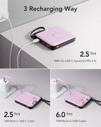 VRURC Portable Charger with Built-in Cable, 10000mAh Power Bank, 22.5W/PD20W Fast Charging USB C Battery Pack for iPhone 16 15 14 Samsung Galaxy S25 S24 S23 S22 Android Airpods, Purple(1 Pack)