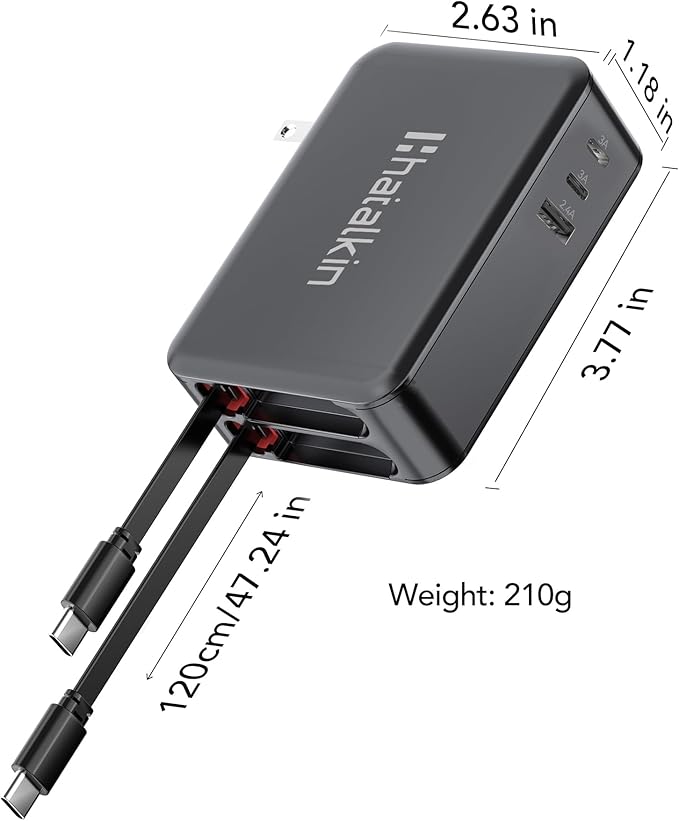 65W for MacBook Pro Charger,5-in-1 Retractable Wall Charger Plug for iPhone 17, Dual 3.94 ft PD USB C Cable&3 Ports, Fast Charging Block for Mac Book Pro/Air, M1 M2 M3 M4 M5, iPad Pro,Galaxy,Pixel