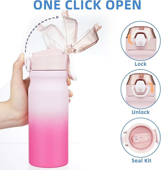 BJPKPK 18oz Insulated Water Bottle With Straw Stainless Steel Double Wall Water Bottles BPA Free Leak Proof Thermo With Lockable Flip Lid And Soft Silicone Spout,Cherry Blossom