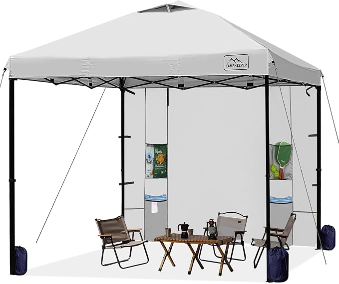 KAMPKEEPER 10x10 Pop Up Canopy Tent with Sidewall - Easy Setup Sun Shelter, Outdoor Shade with Vented Roof for Backyard | UV & Rain Portable Instant Camping Beach Canopy Tents (White)