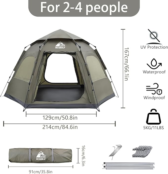 Hewolf 2/3/4 Person Camping Tent - Instant Pop Up Waterproof 2 Doors Tent with Easy Setup | 3-Season Hexagonal Dome Design for Family, Hiking & Traveling