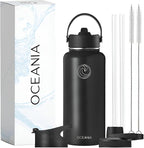 Oceania Flask 32oz Stainless Steel Water Bottles | Modern, Leakproof, Vacuum Insulated with 3 Lids, 3 Straws & 2 Straw Cleaning Brushes | Simple Lightweight Camping & Hiking Hydration Canteens