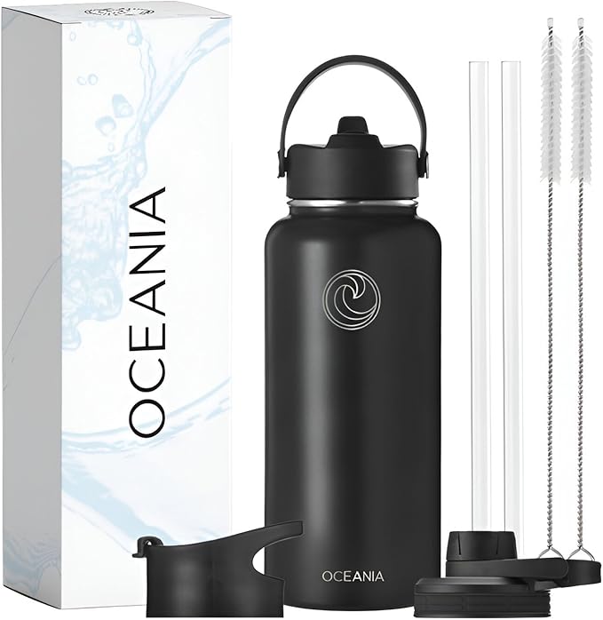 Oceania Flask 32oz Stainless Steel Water Bottles | Modern, Leakproof, Vacuum Insulated with 3 Lids, 3 Straws & 2 Straw Cleaning Brushes | Simple Lightweight Camping & Hiking Hydration Canteens