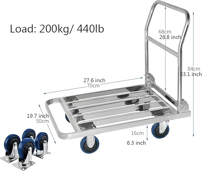Heavy Duty Foldable Platform Truck Cart - Stainless Steel Utility Trolley for Moving, Luggage Transport, and Easy Storage 50 * 70
