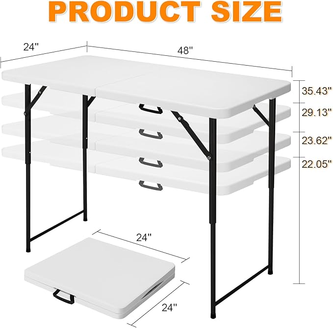 4ft Folding Table, Portable Fold-in-Half Adjustable Height Utility Table for Indoor/Outdoor Use, Durable HDPE & Steel, Stable & Lightweight, Multi-Purpose, White
