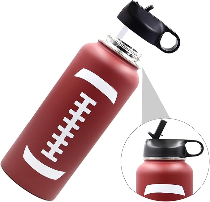 40 oz Football Water Bottle, Sports Cup Flask Metal Thermal Travel Mug with 2 Lids, Stainless Steel Double Wall Vacuum Leak Proof Insulated Water Jug, Football Accessories Gifts for Mom Men Boys Girls