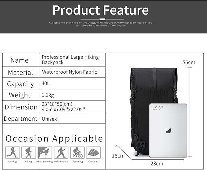 Hiking Backpack,30L +10L Extra Large Capacity Hiking Bag,Internal Frame Camping Backpack,Upgraded X-PAC Lightweight Sport Daypack Travel Backpacks Fit For Mountain Climbing Camping (Black)