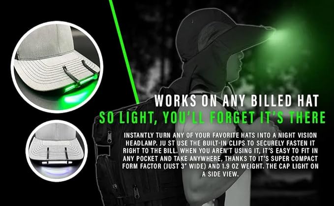 Night Vision Cap Light –Compact, Clip-On Hat Flashlight Powered by AAA | Dual LED Modes for Camping & Hunting | Lightweight Hat Flashlight for Billed Hats Suitable for Outdoor use Camo