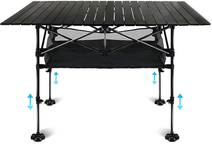 LEADALLWAY Adjustable Height Aluminum Camping Table Folding Portable Outdoor Table with Large Storage Organizer and Carrying Bags Big Foot Upgrade Collapsible Picnic Table 47(L) x22(W)