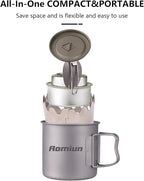 Titanium Camping Cookware Cup/Burner Combination 500ml Titanium Cup with Foldable Handle & Lid Spork Spoon Alcohol Stove Windscreen, Camping Cooking Stove and Cup Set for Backpacking