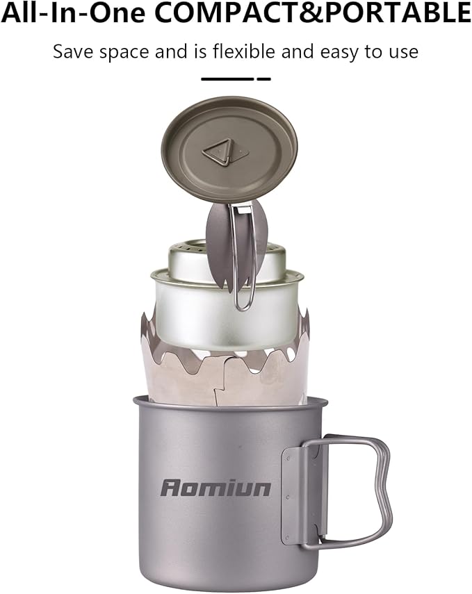 Titanium Camping Cookware Cup/Burner Combination 500ml Titanium Cup with Foldable Handle & Lid Spork Spoon Alcohol Stove Windscreen, Camping Cooking Stove and Cup Set for Backpacking