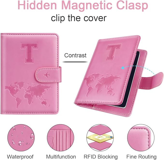 Passport Holder Cover Initail Letter A-Z Travel Wallet Embossed Design RFID Blocking Card Holder Personalized Gift Passport Cover Wallet, Passport Book Holders for Women and Girls, Pink-T