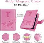 Passport Holder Cover Initail Letter A-Z Travel Wallet Embossed Design RFID Blocking Card Holder Personalized Gift Passport Cover Wallet, Passport Book Holders for Women and Girls, Pink-T