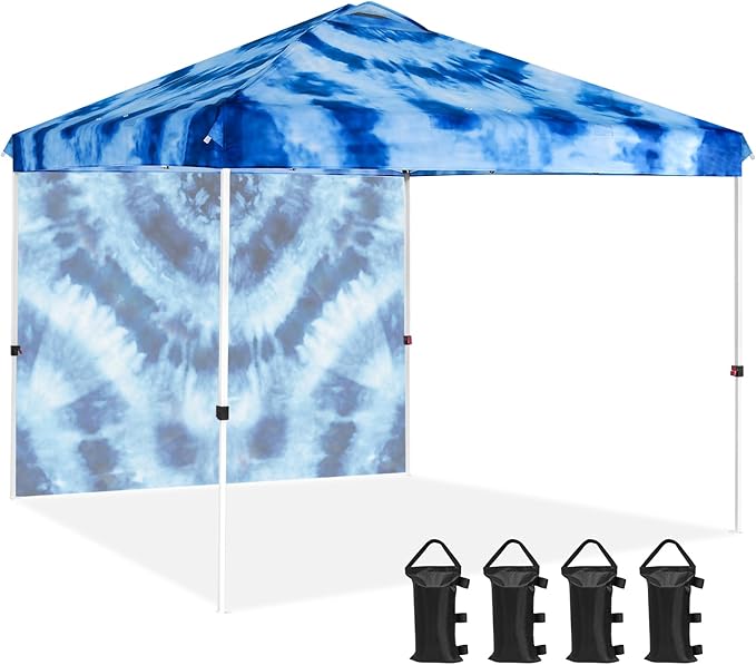 EAGLE PEAK Pop Up Canopy Tent with 1 Sidewall, Easy Setup Event Tent, Outdoor Sun Shade, Wheeled Carry Bag, Stakes and Guy Ropes, Instant Canopy 10x10, Tie Dye Blue