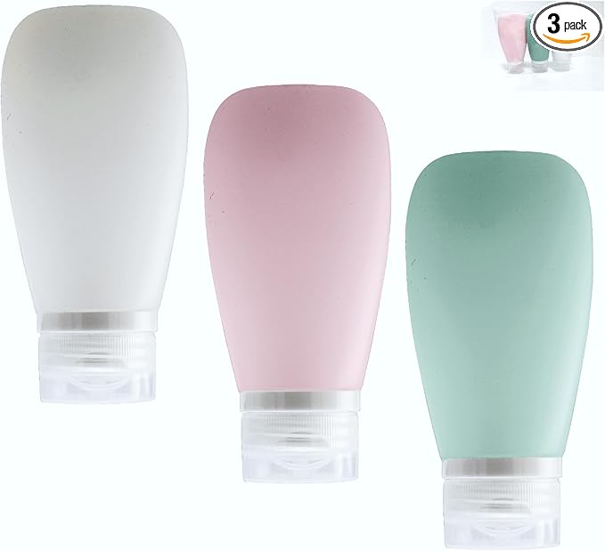 Travel Bottles for Toiletries, TSA Approved 3oz (90ml) Leak Proof Silicone Refillable Squeeze Travel Size Containers BPA Free Air Travel for Shampoo, Lotions, 3-pk (Pink-White-Teal)