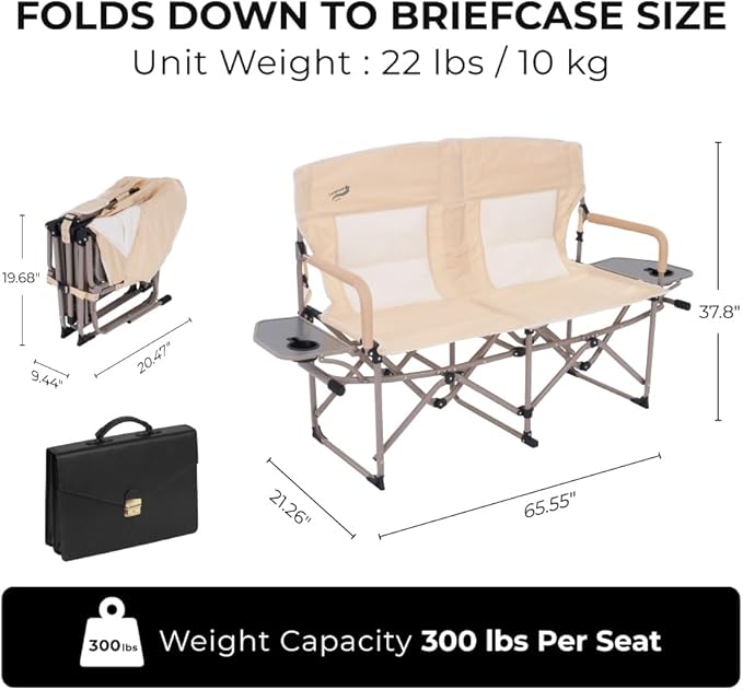 Oversized Double Portable Folding Director’s Loveseat Chair with Padded Backrest, Side Table | Outdoor Sports, Beach, Lawn, Hunting, Tailgating, Fishing| Supports 300 Lbs/Seat