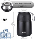 Insulated Thermo Food Jar for Hot & Cold Food for Kids Adult, 17 oz Soup Thermal Hot Food Containers for Lunch, Triple Layer Insulation Stainless Steel Food Jar with Spoon (Black)