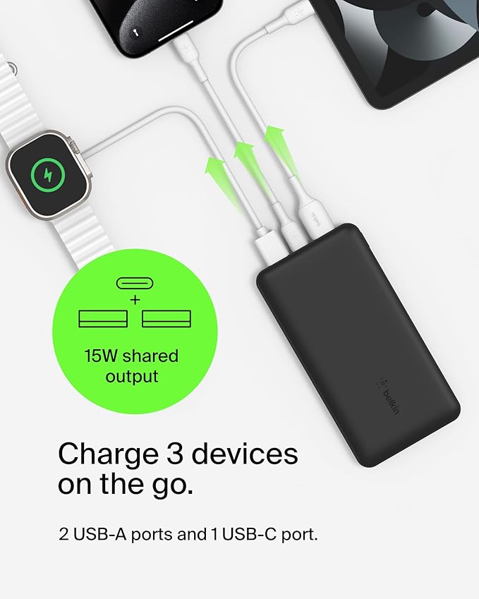 Belkin Portable Charger, USB-C Power Bank 20000 mAh w/ 2 USB-A Ports, 15W w/ Type-A to Type-C Cable - iPhone 17, Air, Pro, Pro Max, AirPods, Apple Watch, Samsung Galaxy S25, Google Pixel 10 - Black