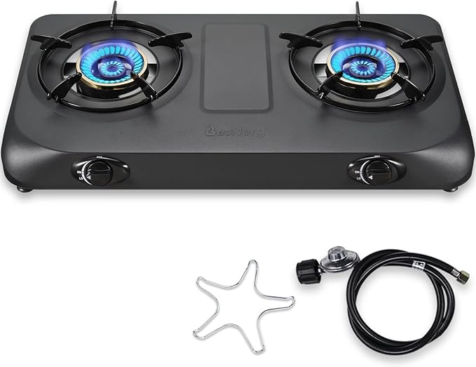 Propane Stove 2 Burner Gas Stove Top, 27200 BTU High-Efficiency LPG Metal Cooktop With Auto Ignition, CSA Regulator and Hose, Perfect for Outdoor Kitchen, Camping, RV & Emergency Cooking