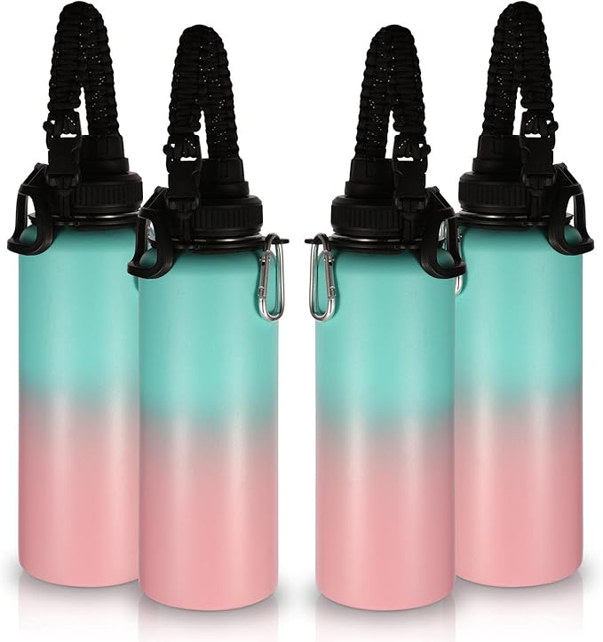 Volhoply Insulated Water Bottles Bulk 4 Pack, 40 oz Stainless Steel Double Walled Vacuum Travel Water Cups with Wide Mouth, Reusable Large Water jug with Paracord for Hiking(Green Pink,4 Set)