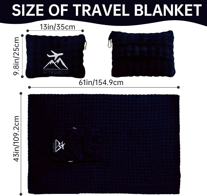 Travel Blanket and Pillow-2-in-1, Ultra-Soft&Compact, One-Piece Airplane Blanket with Hand Luggage Belt and Backpack Clip,Travelers Accessories Gifts, 61x43 Inches（Navy）