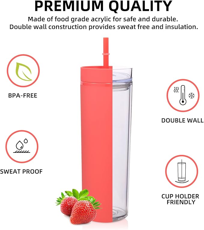 Volhoply 20oz Plastic Skinny Tumblers Bulk 10 Pack,Double Wall Tumbler with Lid and Straw,BPA Free Matte Acrylic Iced Coffee Cups with Straw,Reusable Travel Cute Mug for Party,DIY Gifts(Red, 10 Set)