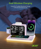 Acer 7-in-1 Wireless Charging Station with LED Clock - 30W Fast Wireless Charger for iPhone 16/15/14/13/12/Pro Max, Apple Watch, AirPods - Bluetooth Auto Time Sync & Night Lights (Purple)