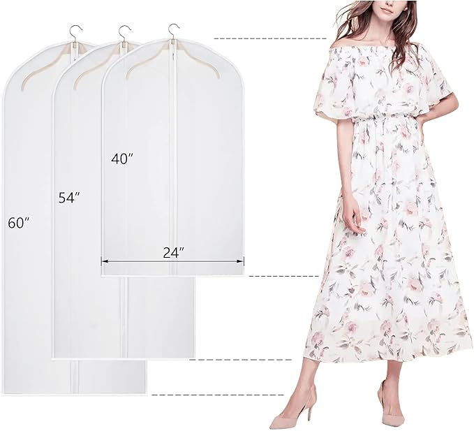60'' Garment Bags Dress Bag for Storage (Set of 12) Dust-Proof Suit Protector Cover Bag with Zipper for Long Dresses, Suit, Coat Closet Clothes Storage
