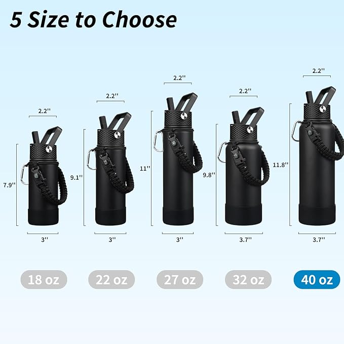 BJPKPK Insulated Water Bottle with Straw Lid, 40oz Large Thermo with 3 Lids, Paracord Handle & Non-slip Boot, BPA Free Leak Proof Stainless Steel Metal Water Bottles, Tumblers, Cups,Black