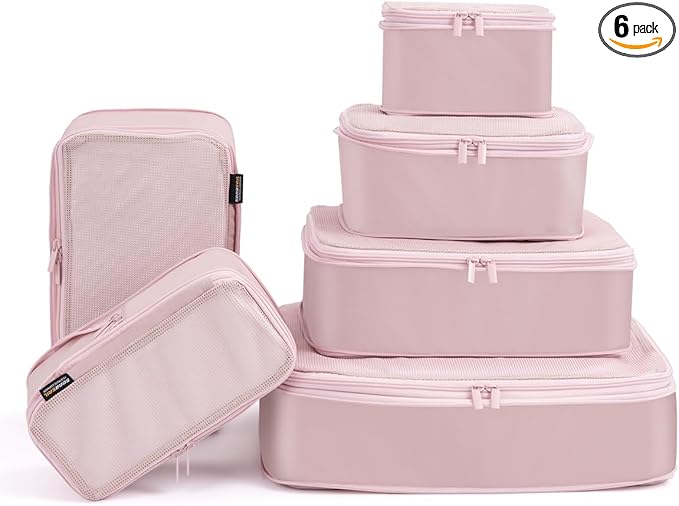 6 Set Compression Packing Cubes, Suitcase Storage Bags for Clothes and Travel Essentials (Dusty Pink)