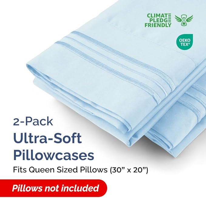 Queen Pillow Cases Set of 2 - Ultra Soft Hotel Quality Pillowcase Covers - Comfy Cozy Bedding for Women, Men, Kids and Teens - Machine Washable Pillow Protectors - 2 Pieces Set - Queen Size Sky Blue