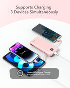 VRURC Portable Charger 20000mAh, Fast Charging Power Bank USB C,4 Output 2 Input Travel Essentials Charging Bank Equipped with LED Display,Built-in Wall Plug and Cables,Phone Charger Battery,Pink