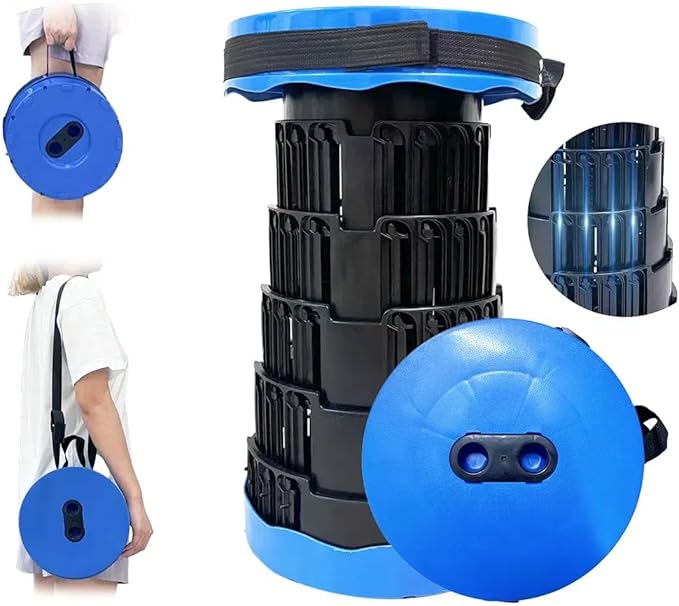 Portable Collapsible Stool - 4 Pillars Large Weight Capacity Travel-Friendly Folding Stool, Easy to Use Lightweight Telescoping Seat for Outdoor Activities, Camping & Hiking (Blue)