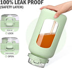 BLUEGO 84oz Water Bottle Glass with Stainless Steel Handle Large 2.5l Water Bottle with Time Markers and Silicone Sleeve Half Gallon Water Jug BPA Free for Gym Daily Use, Light Green