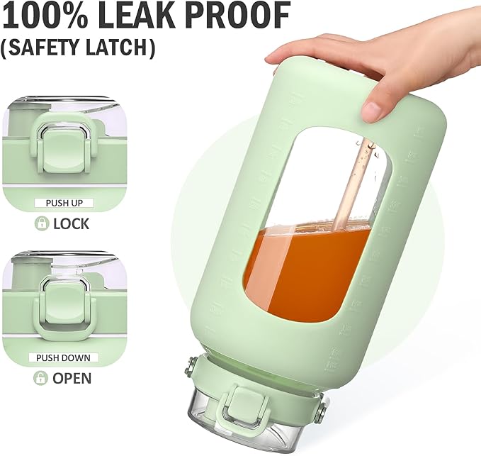 BLUEGO 84oz Water Bottle Glass with Stainless Steel Handle Large 2.5l Water Bottle with Time Markers and Silicone Sleeve Half Gallon Water Jug BPA Free for Gym Daily Use, Light Green