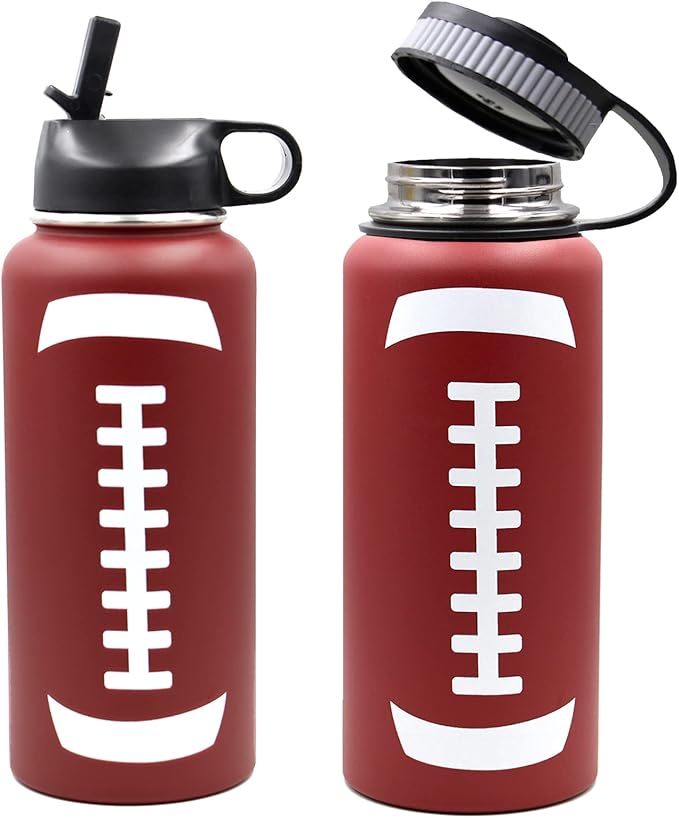 32 oz Football Water Bottle, Wide Mouth Sports Cup Flask Metal Travel Mug with 2 Lids, Stainless Steel Double Wall Vacuum Insulated Leakproof Water Bottles, Football Stuff Gifts for Mom Men Boys Girls