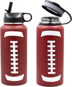 32 oz Football Water Bottle, Wide Mouth Sports Cup Flask Metal Travel Mug with 2 Lids, Stainless Steel Double Wall Vacuum Insulated Leakproof Water Bottles, Football Stuff Gifts for Mom Men Boys Girls
