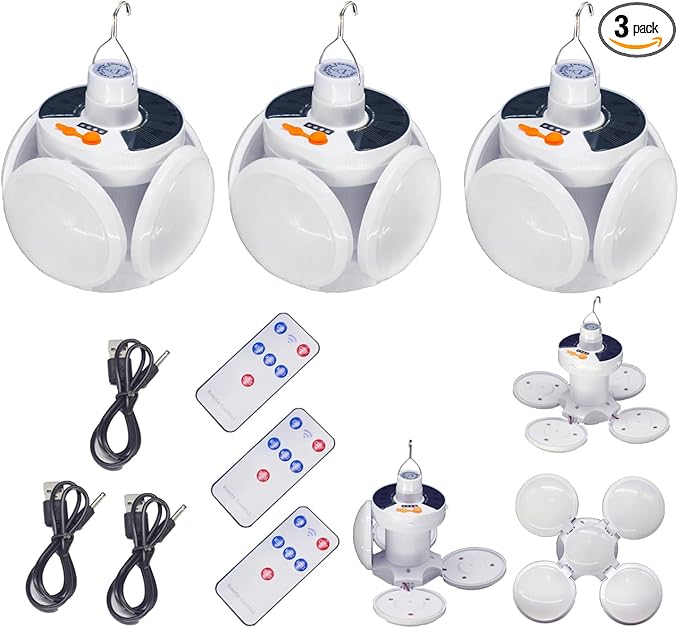 Folding Solar Lights Camping Lamp Tent Lantern Foldable Collapsible 45 LED USB 4000mah Battery Rechargeable Hanging Waterproof Remote Control Portable Outdoor Emergency Power Outage 3 Pack